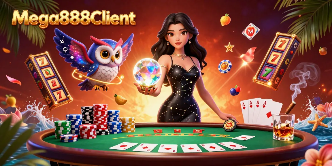 Mega888Client showcases a vibrant and engaging scene of casino excitement with stunning characters and game elements.