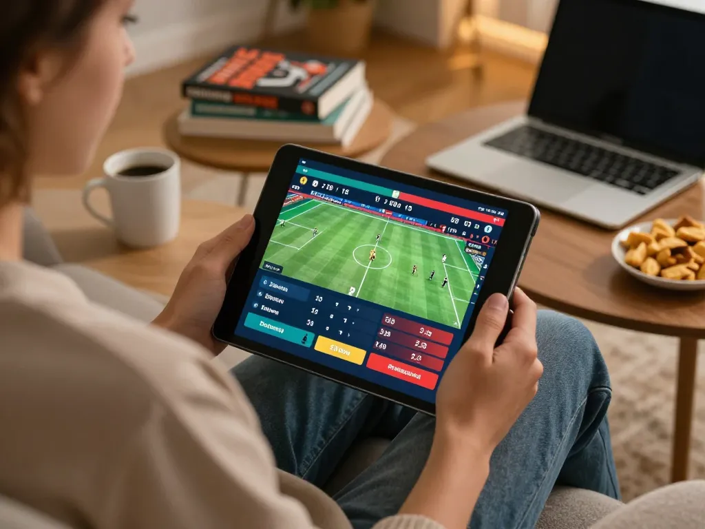 Player engaging with LGOGOAL sports betting on a tablet, showcasing live match updates.