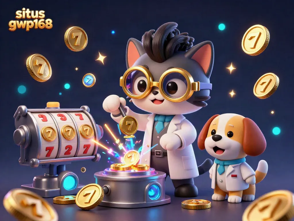 Permainan situs gwp168 menampilkan kucing ilmuwan 3D yang menciptakan mesin replikasi koin emas di lingkungan yang penuh energi.