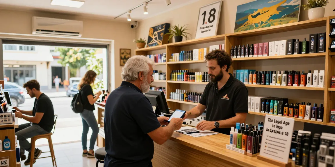 The legal age to vape in Cyprus is 18; a responsible vape shop scene showing age verification and quality vape products in a welcoming atmosphere.