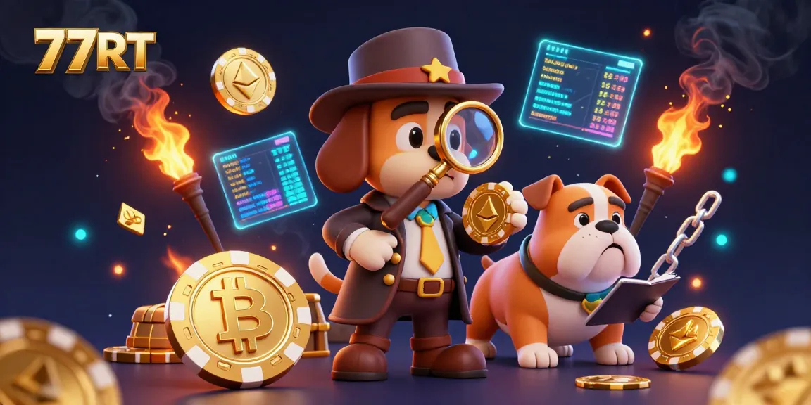 Play and win with the 77RT crypto detective uncovering treasures in a vibrant casino scene.