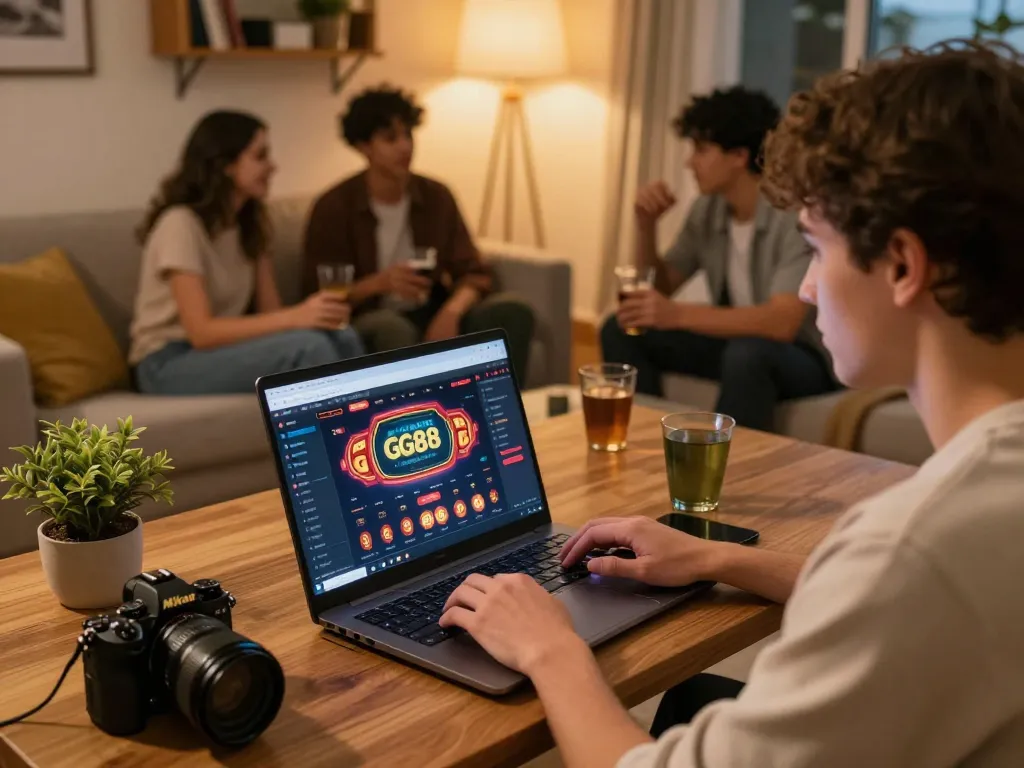 Person engaging with GG88 online casino game interface on laptop in a cozy home setting