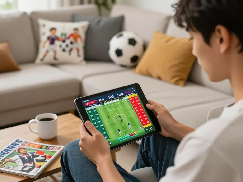 Bsport player actively engaging in sports betting from home, focusing on live football odds displayed on tablet