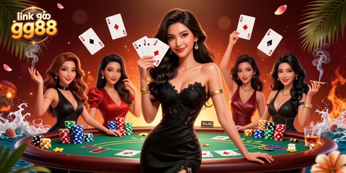Engage with link vào gg88 in this vibrant casino scene showcasing poker and luxury elements.