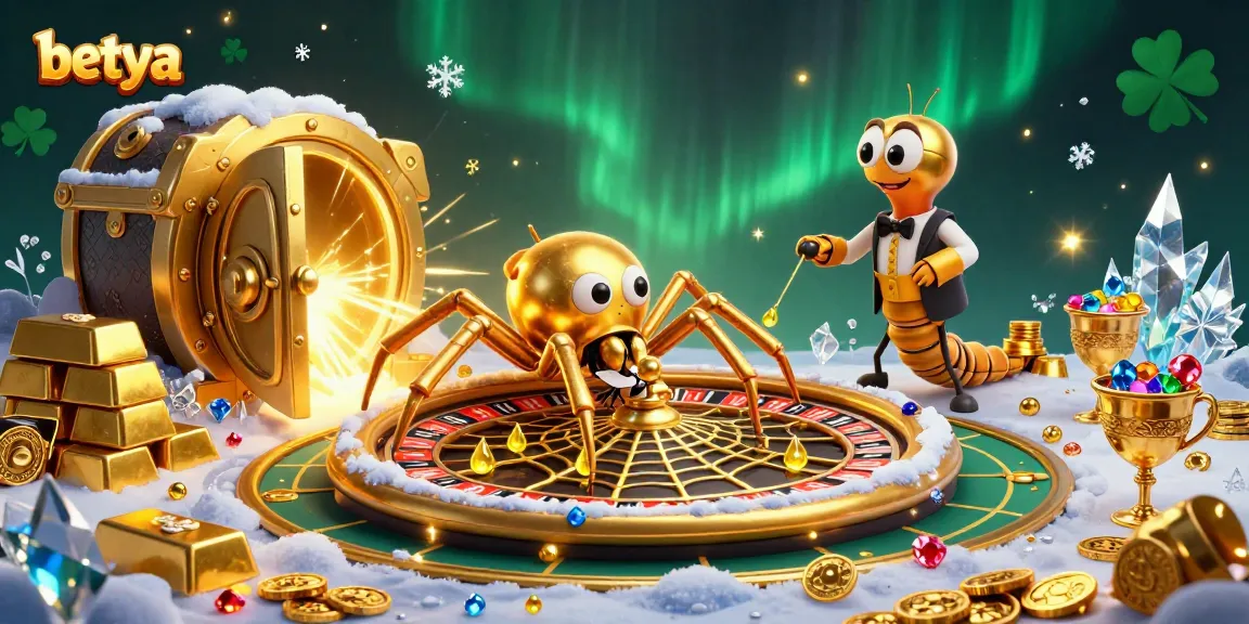 Betya showcases a cartoon spider and croupier in a vibrant casino scene filled with treasures.