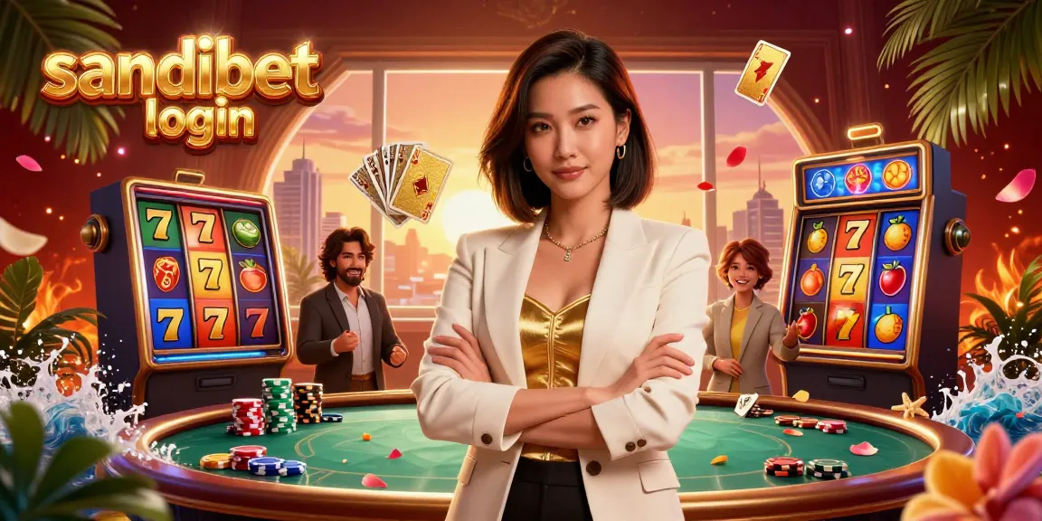 Terlibatlah dengan pengalaman sandibet login, menampilkan seorang wanita profesional di kasino online, dikelilingi oleh elemen slot yang cerah.