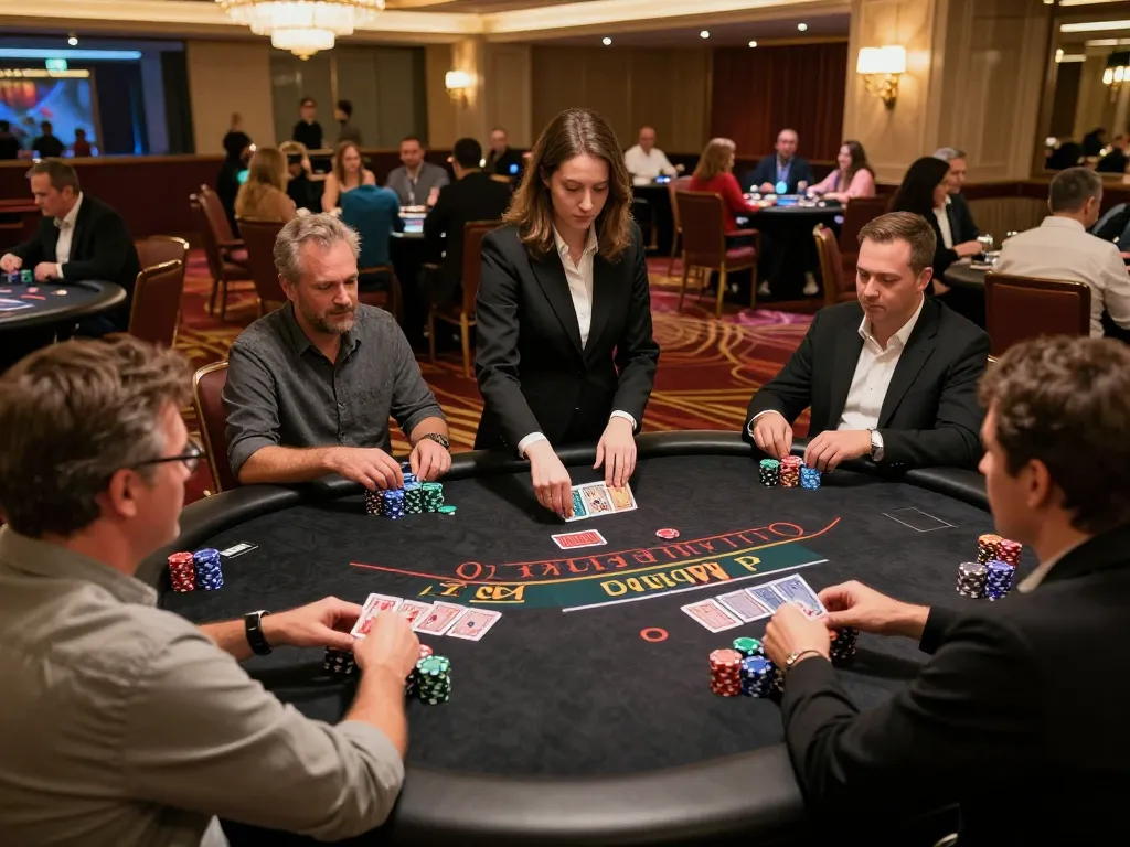 Players enjoying an engaging blackjack game with professional dealer at 888New casino, showcasing strategy and excitement.