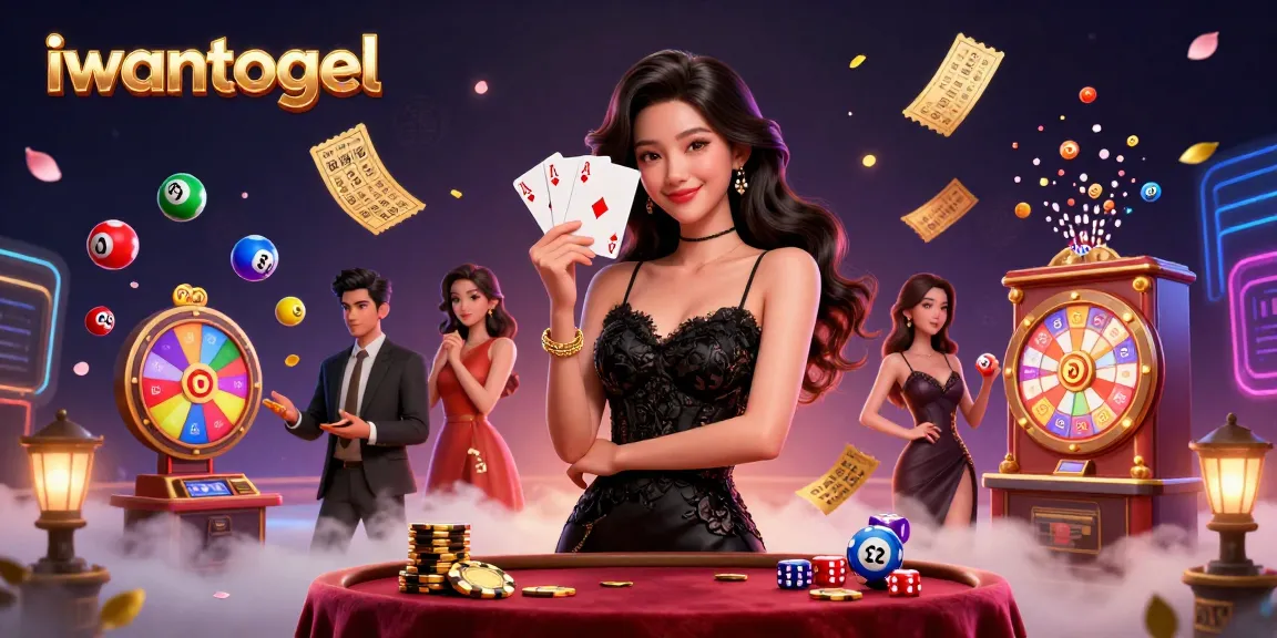iwantogel captivates with a photorealistic elegant woman in a casino, holding playing cards amidst dynamic lottery elements.