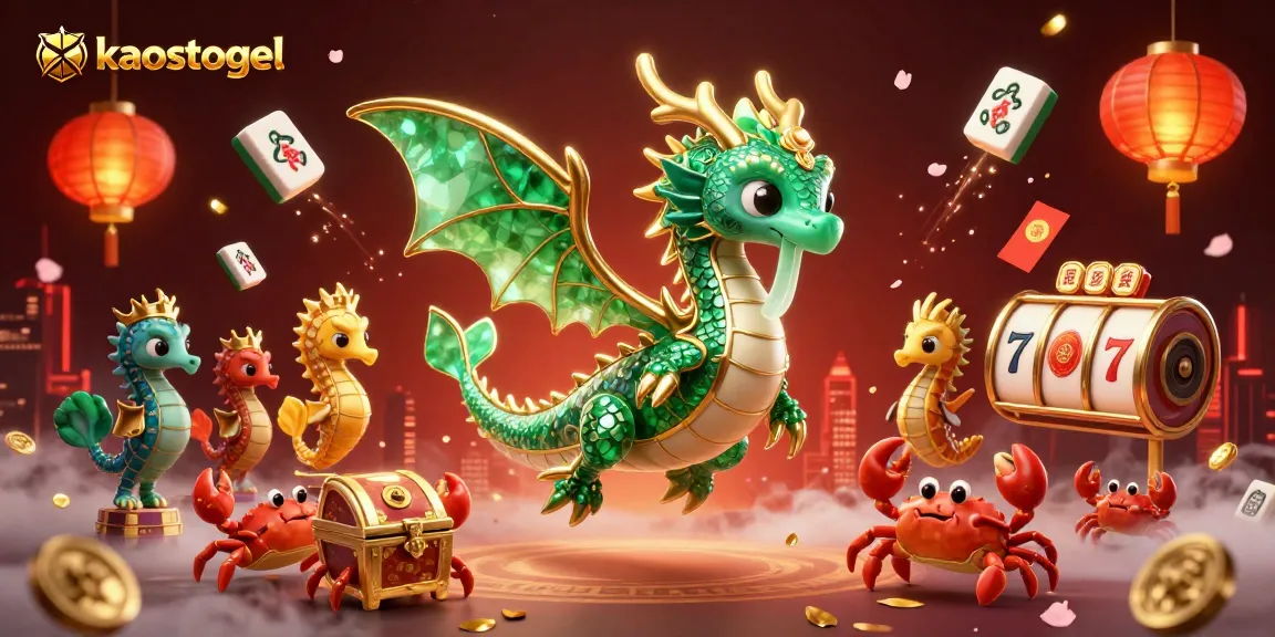 Engage with kaostogel's vibrant 3D casino scene featuring a sea dragon, slot reels, and festive decorations.