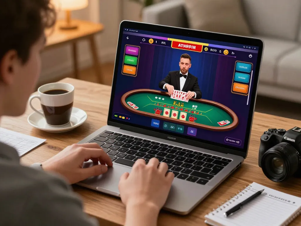 Player enjoying dash88 live dealer blackjack on laptop, showcasing dynamic betting options in cozy home.