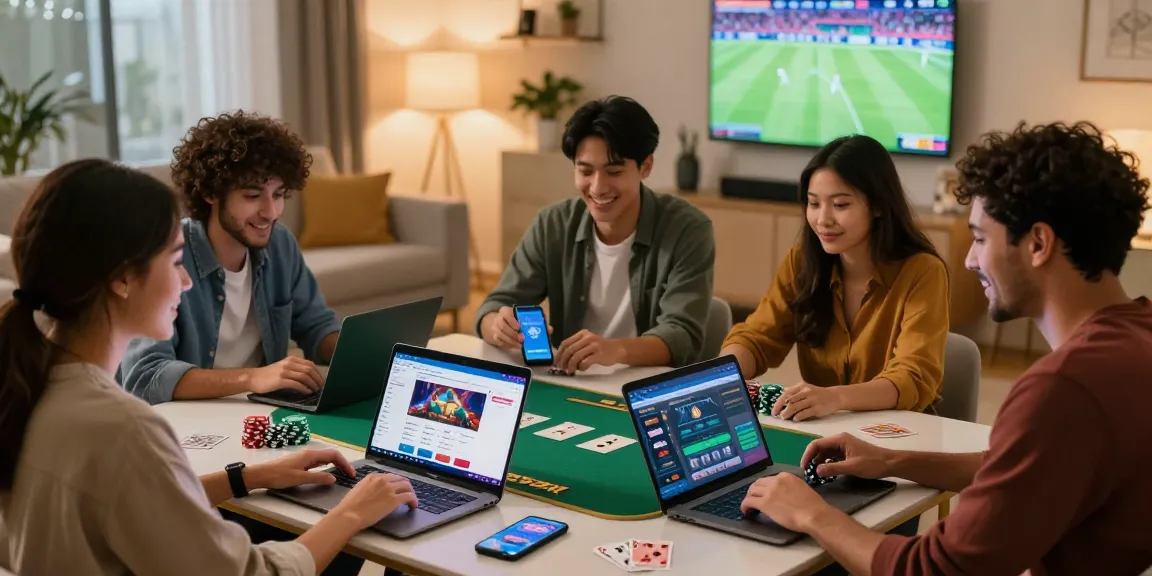 Group of friends enjoying gaming with coloksgp link alternatif displayed on devices