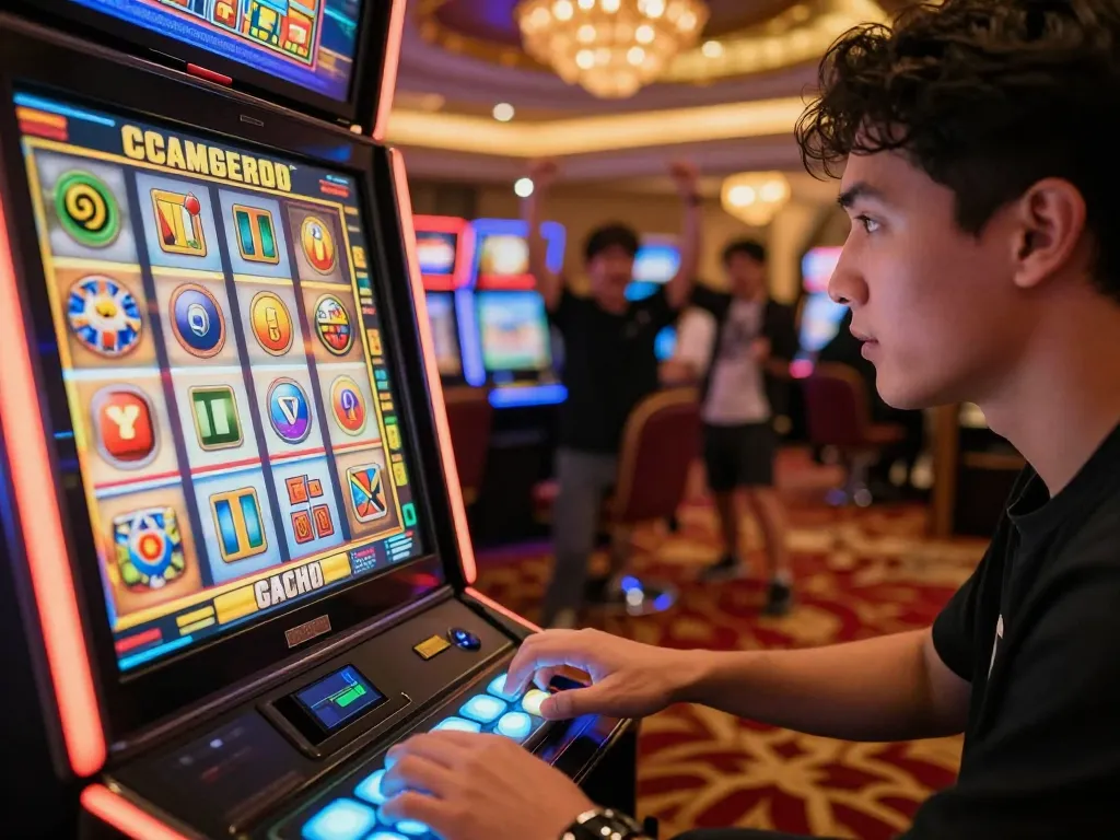 Player engaged with a slot gacor machine, focused on winning as vibrant reels spin in casino.