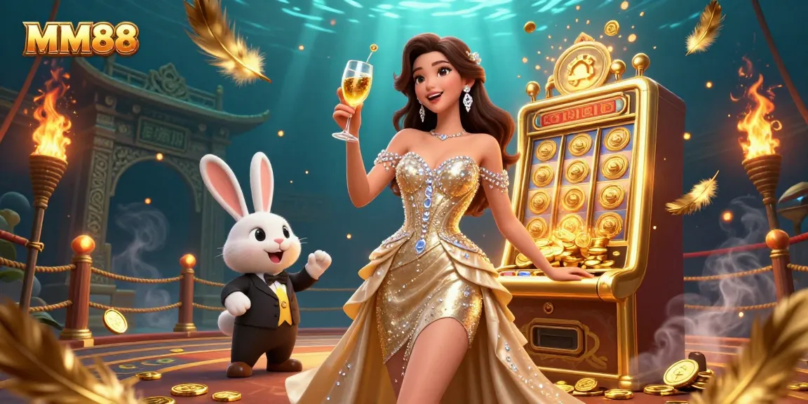 Experience the excitement at MM88 casino, featuring a glamorous slot machine and lively characters.