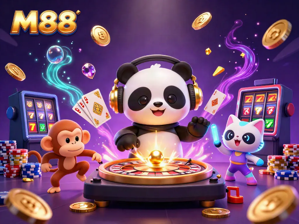 Experience M88 fun with a DJ panda, dancing monkey, and glowing kitten amid casino elements