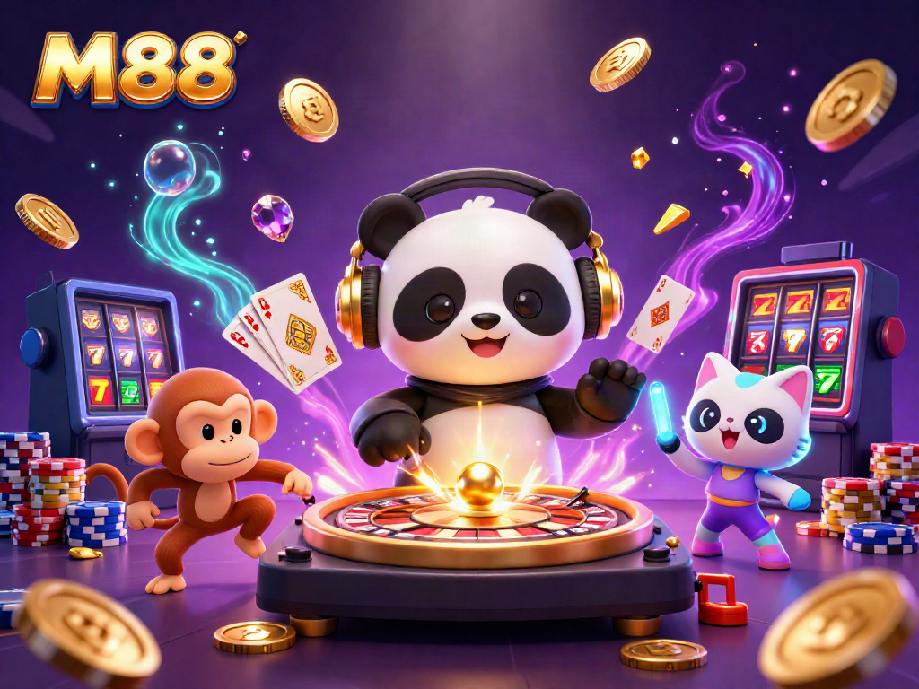 Experience M88 fun with a DJ panda, dancing monkey, and glowing kitten amid casino elements