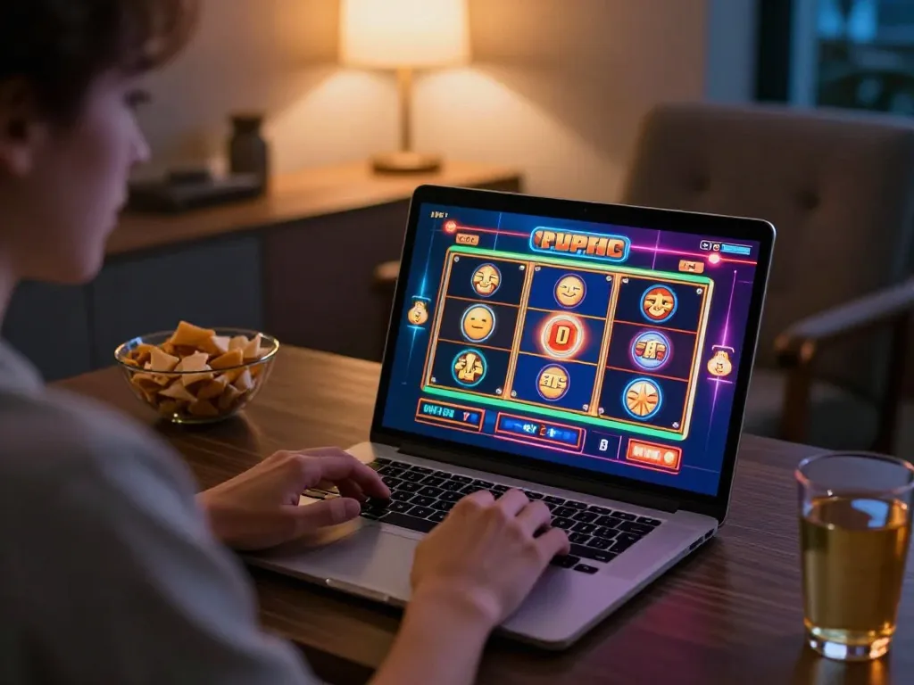 Terlibat dalam permainan online di laptop di https://revjeffhood.com/me/, menampilkan grafis slot yang cerah dan setup yang nyaman.