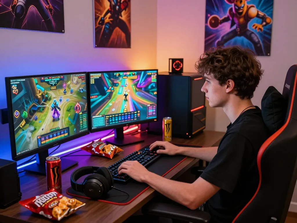 Engaging gaming setup illustrating zeus138 slot games with vibrant graphics, colorful monitors, and cozy ambient lighting.