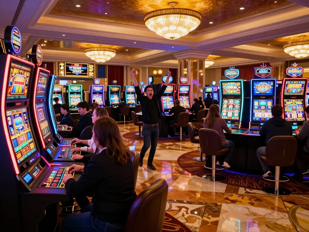 Celebrate a jackpot win at the luxurious casino floor highlighted on hoorayblog, showcasing vibrant slot machines.