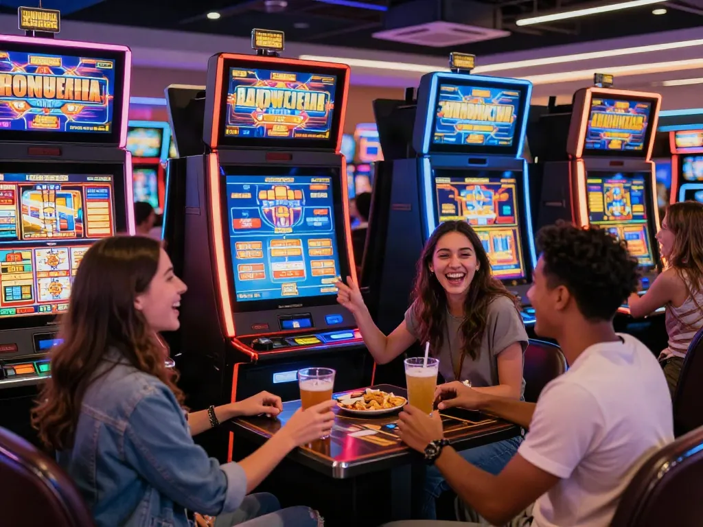 A80 slot information platform vibrant casino scene with friends enjoying slot games.