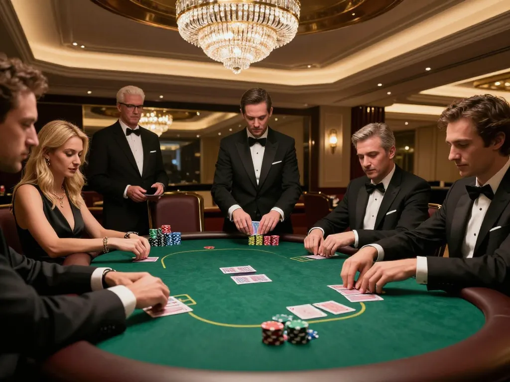 Players in tailored suits strategizing at a high-stakes poker game at 11-hd luxurious casino