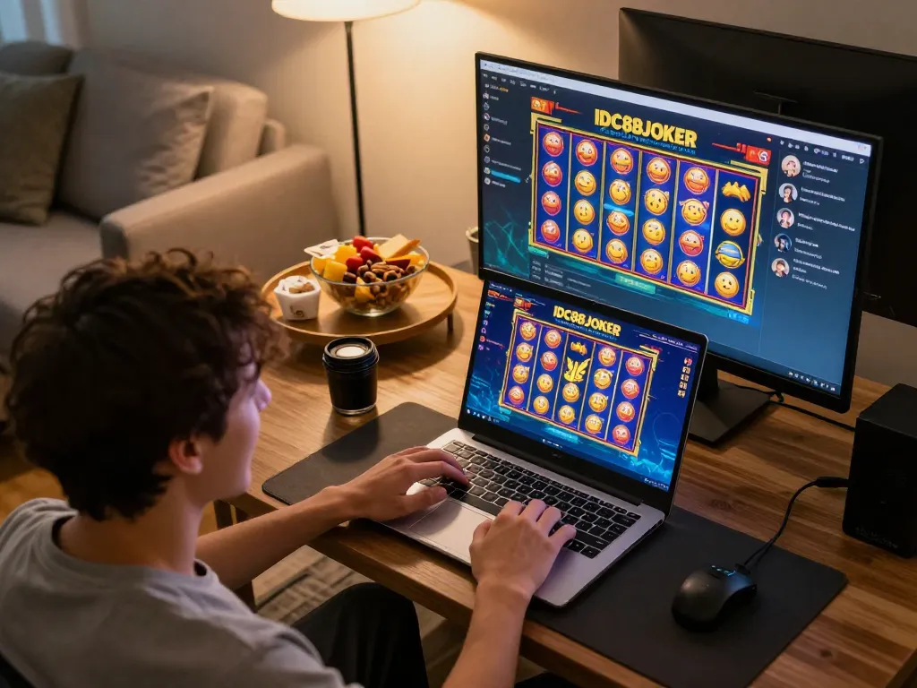 Engaging player enjoying IDC88JOKER slot game on laptop in a cozy home setting.