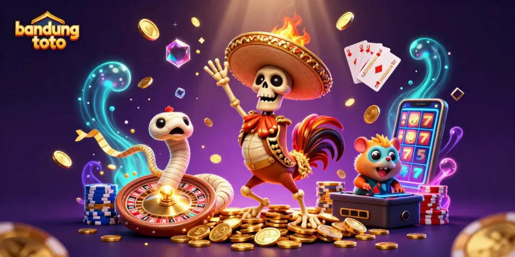 Engage in thrilling gaming with bandung toto's vibrant casino illustration featuring lively characters.