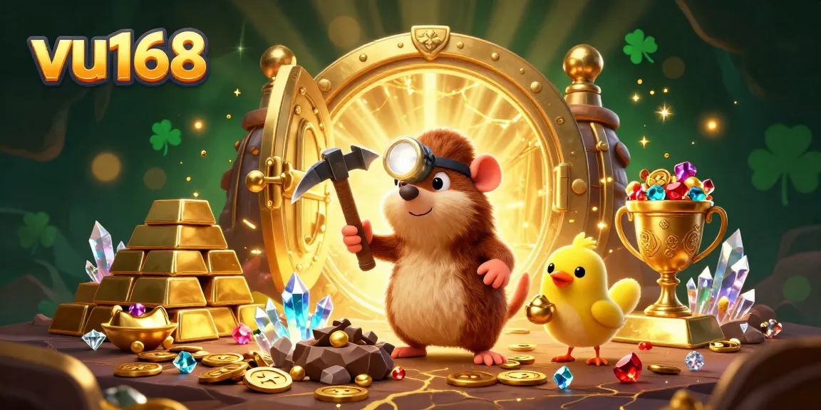 Experience the excitement of vu168 with treasure hunters in a vibrant casino scene, mining riches and gems!