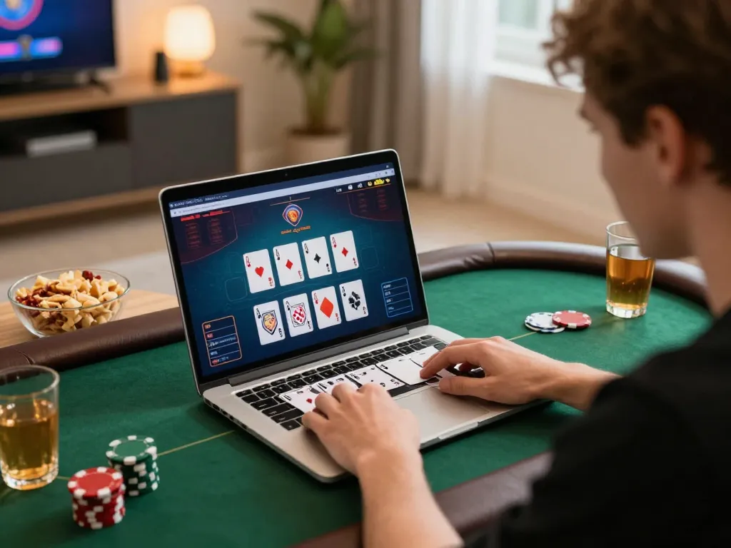 SC88 player engaging in online poker game, dynamic screen action, cozy gaming environment.