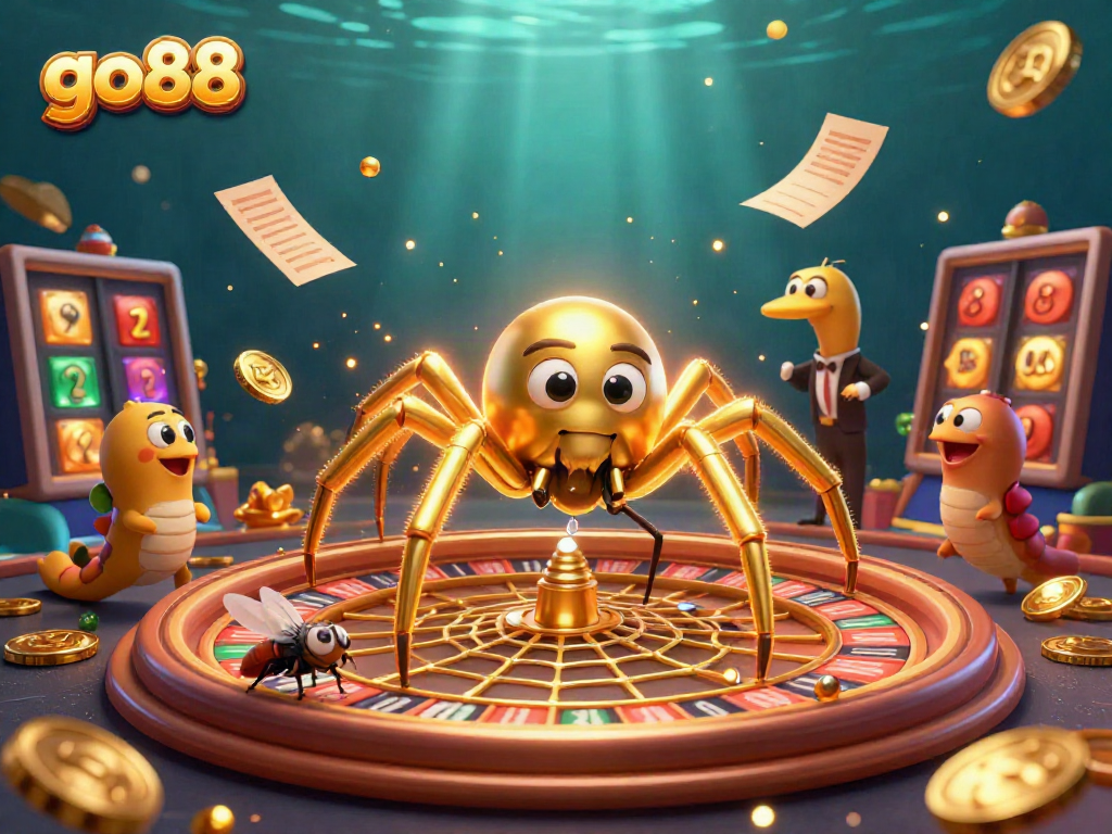 Experience the excitement of go88 as a spider spins a roulette web surrounded by dynamic casino elements.