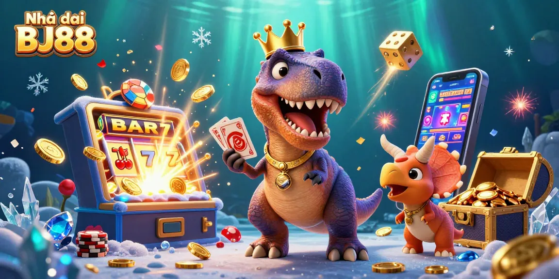 Engaging scene of Nhà cái BJ88 showcasing T-Rex in a casino, with vibrant gaming elements.