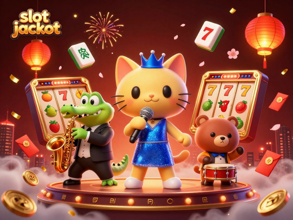 Engage with slot jackpot action featuring a lively jazz cat, crocodile, and bear in a vibrant casino setting.