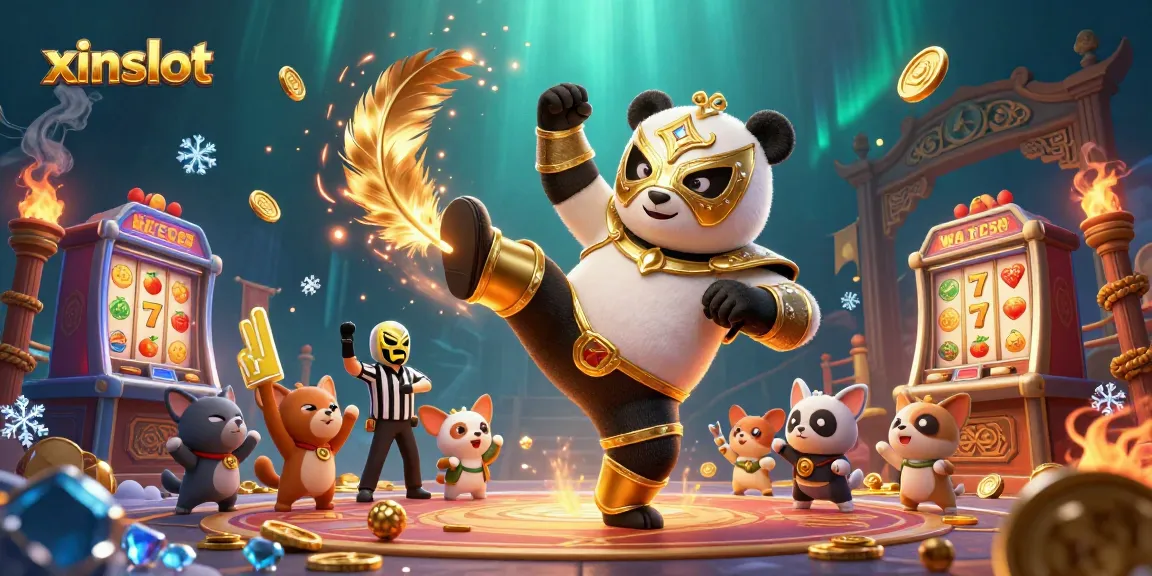 Experience excitement with xinslot as a panda wrestler takes flight in a vibrant casino scene.