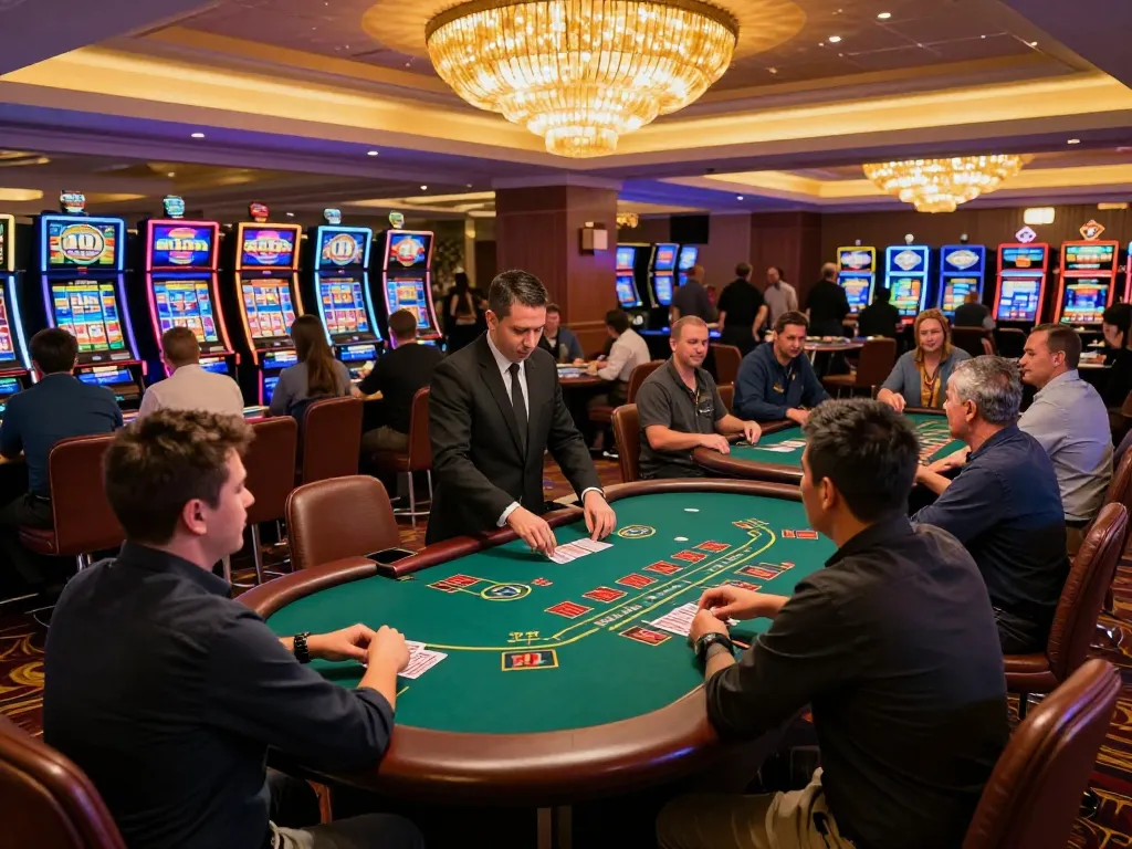 Sunwin players enjoying a lively game of blackjack on a vibrant casino floor.