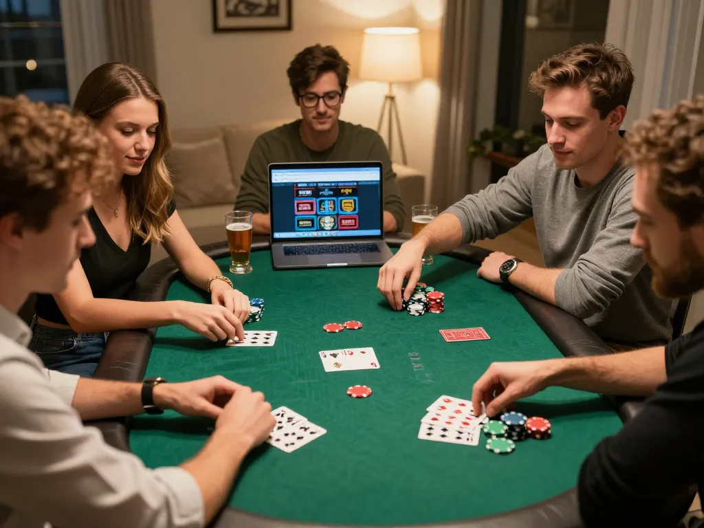 Cucu777 players enjoying a strategic poker night with friends, vibrant chips, and cards on the table.