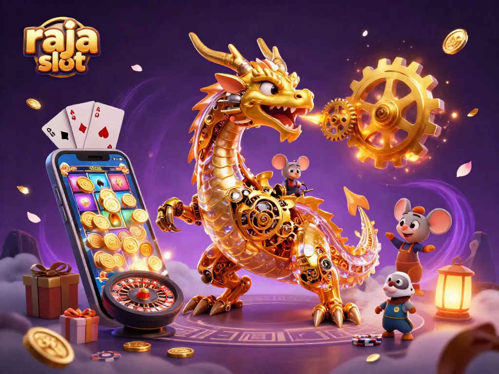 Raja slot menampilkan naga emas biomekanik dalam aksi memenangkan permainan slot dengan antusias.