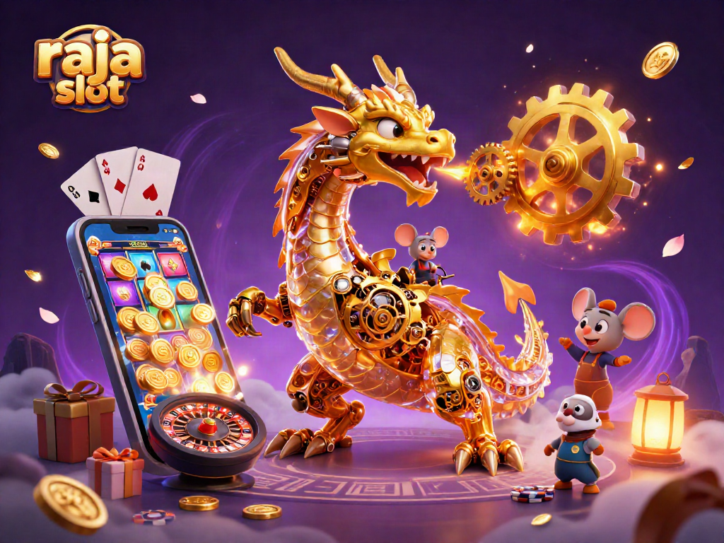 Raja slot menampilkan naga emas biomekanik dalam aksi memenangkan permainan slot dengan antusias.
