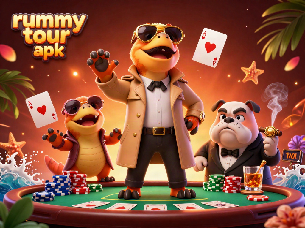 Rummy tour apk hadir dalam ilustrasi kasino yang ramai dengan karakter lucu dan elemen permainan kartu.