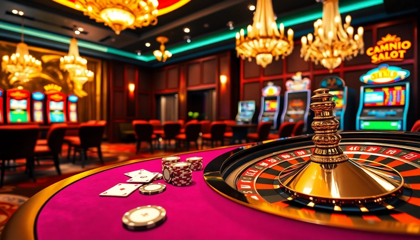Experience thrilling gameplay at idnslot with vibrant casino tables, poker chips, and a roulette wheel.