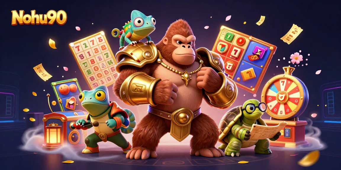 Nohu90 features a powerful gorilla king and wise tortoise in a vibrant, dynamic casino scene.