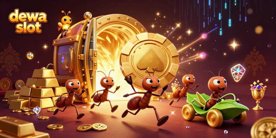 Dewa slot theme illustration of ants stealing a giant poker chip in a vibrant casino setting