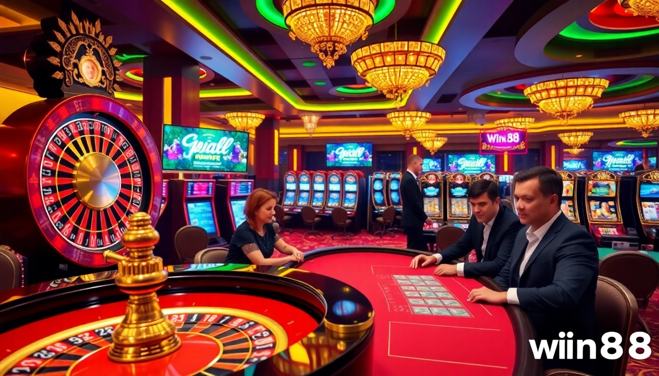 Experience thrilling gameplay at win88 with a vibrant casino atmosphere featuring cards and roulette.