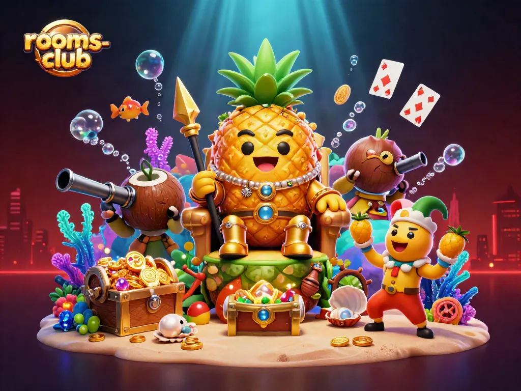 Rasakan keseruan permainan di rooms-club dengan Raja nanas 3D dan penjaga kelapa di kasino pantai.