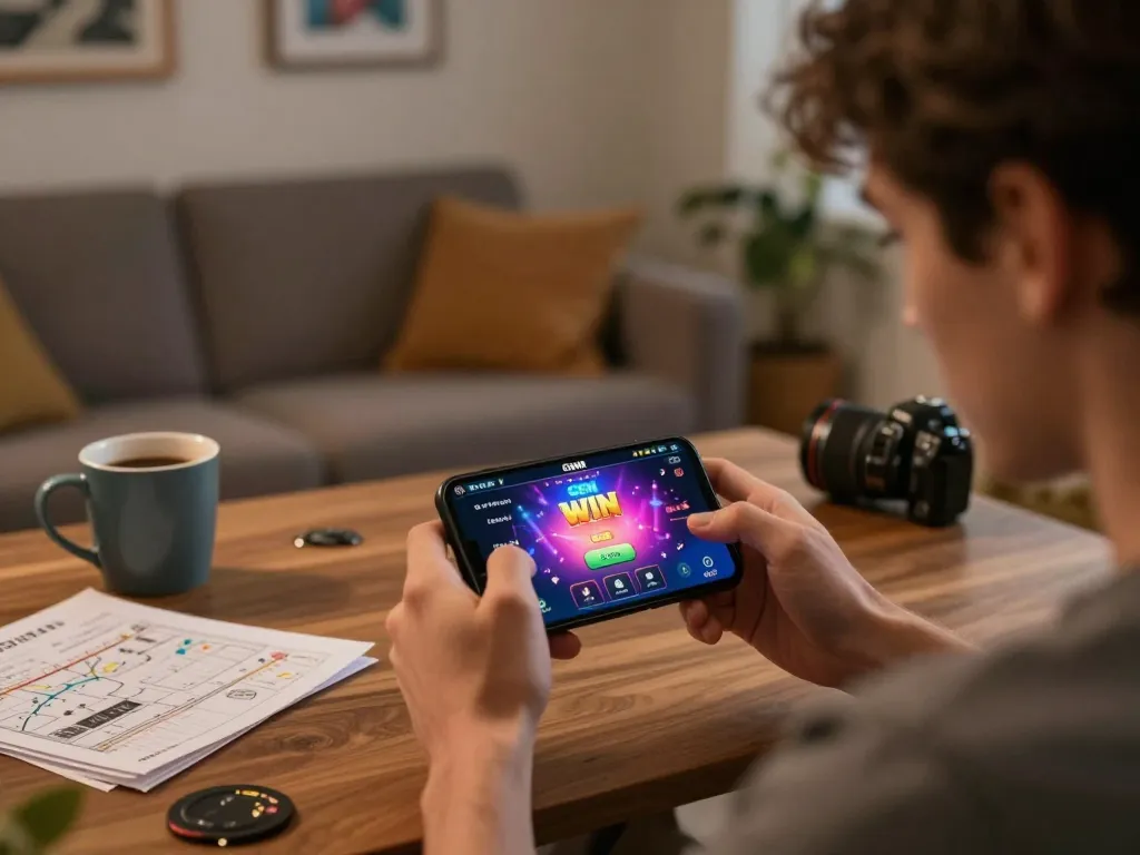 Engaged player using GEM WIN app for online gaming at home, showcasing a strategic atmosphere.