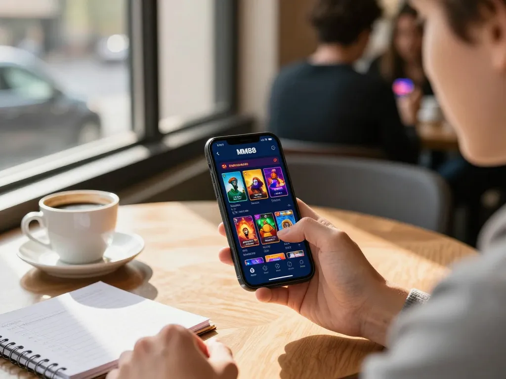 Engaging with tải app MM88 through a smartphone at a café, showcasing a vibrant gaming experience