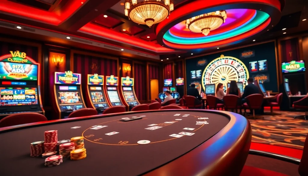 Players enjoying vibrant casino games at VA88 online platform with poker and roulette.