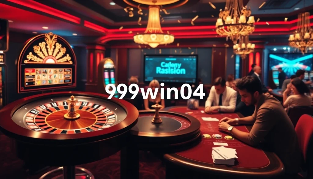Gamblers enjoying a thrilling session at 99win04's luxurious casino with vibrant slot machines and poker tables.