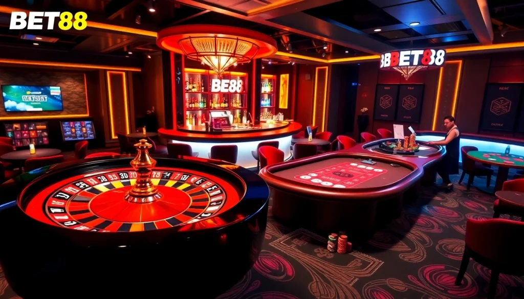 Experience winning strategies at nhà cái bet88 through an exciting casino atmosphere filled with vibrant gaming elements.
