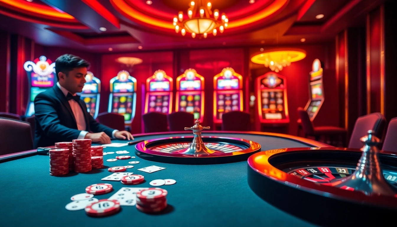 K88win gaming table with vibrant casino elements showcasing poker chips and roulette wheel.