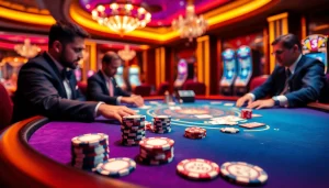 Exciting scene showcasing F8bet gaming with professional poker players and vibrant casino elements.