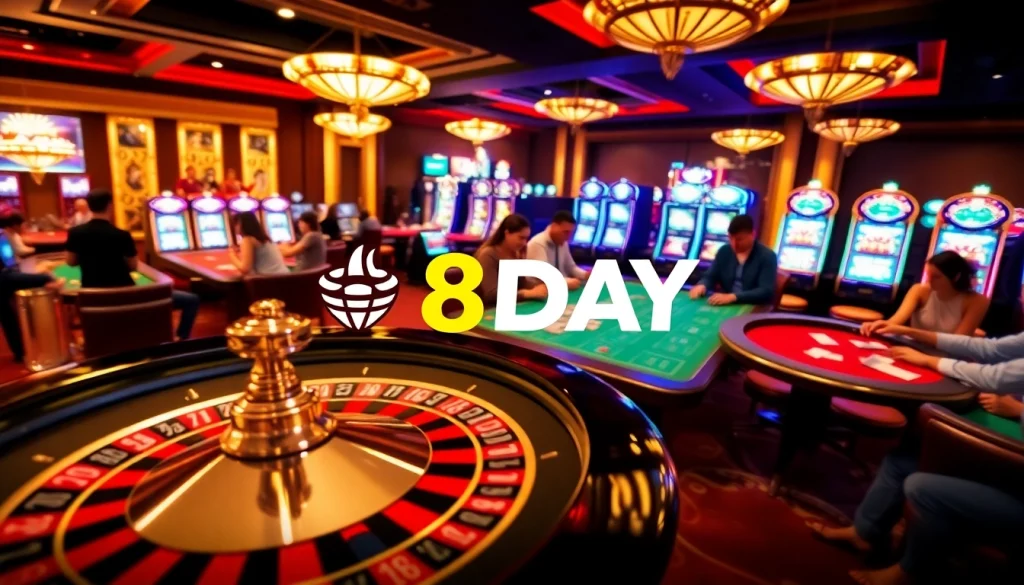 Experience excitement at 8DAY with engaging games, roulette tables, and vibrant casino ambiance.